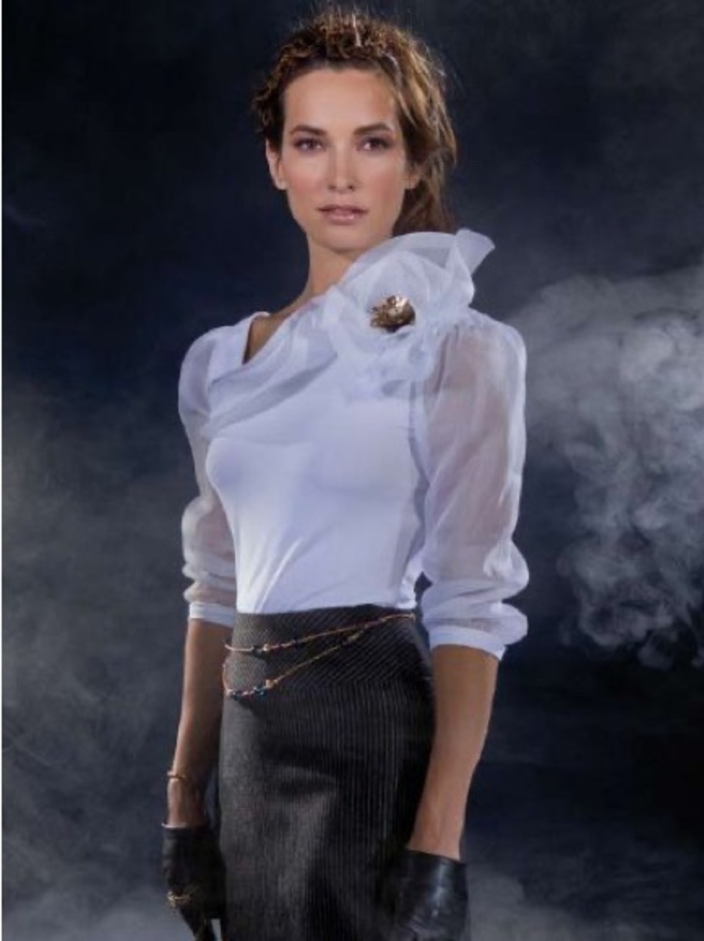 Anne Fontaine Carline White Sheer-Sleeve Blouse with Rosette Detail